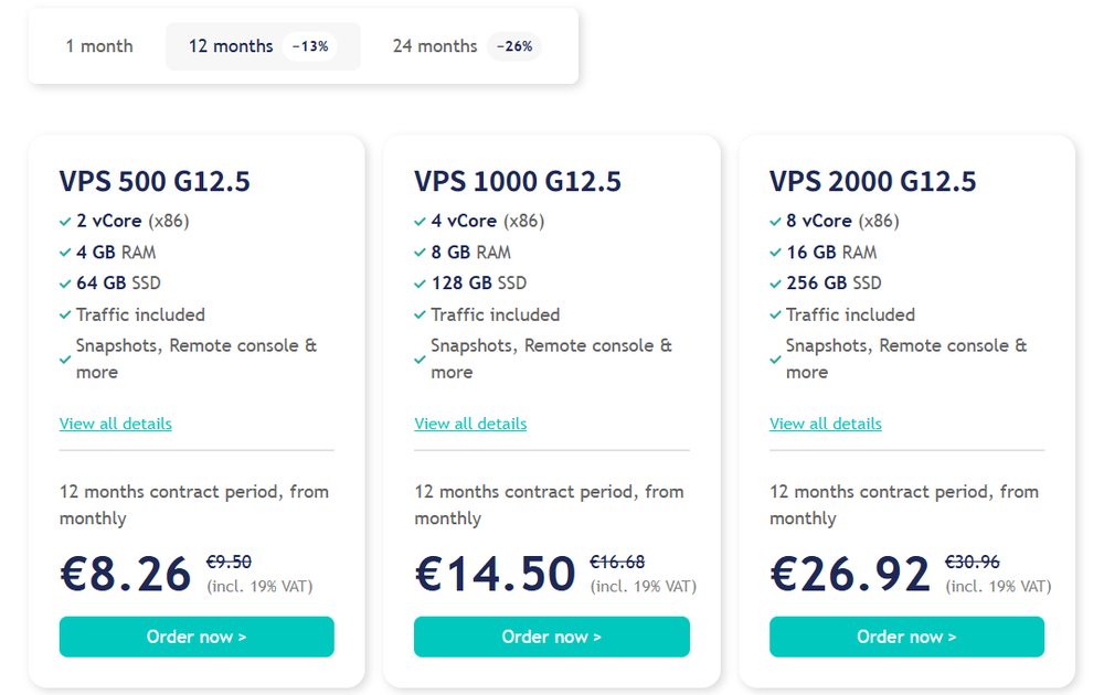 Netcup官网VPS列表页:VPS 500、1000、2000 G12.5套餐卡片,12个月合同月价€8.26、€14.50、€26.92,均含19%增值税