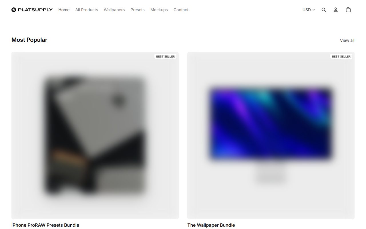 Oliur 旗下的数字产品与 Lightroom 预设商店 PlatSupply 页面