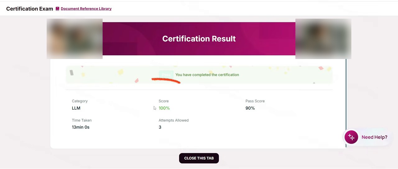 OneForma认证结果页显示得分100%及格线90%用时13分钟