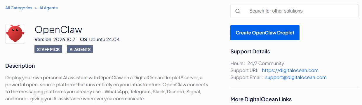 DigitalOcean Marketplace的OpenClaw 1-Click页面：Version 2026.10.7，OS Ubuntu 24.04，标签STAFF PICK，分类AI Agents，右侧Create OpenClaw Droplet按钮