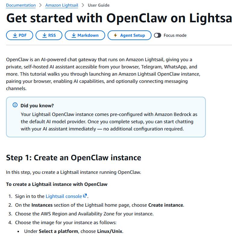 AWS官方文档Get started with OpenClaw on Lightsail：Lightsail的OpenClaw实例默认用Amazon Bedrock当模型，第一步建实例时平台选Linux/Unix