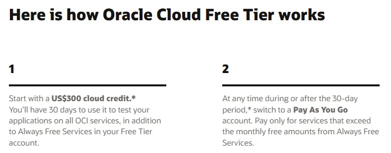 Oracle Cloud Free Tier说明：先给US$300额度用30天，之后可以转成按量付费账户，只为超出Always Free的部分付钱