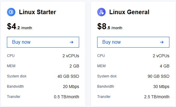腾讯云国际站轻量应用服务器价格卡：Linux Starter 2核2G 40GB SSD 20Mbps每月0.5TB流量$4.2每月，Linux General 2核4G 90GB SSD 30Mbps每月2.5TB流量$8.5每月