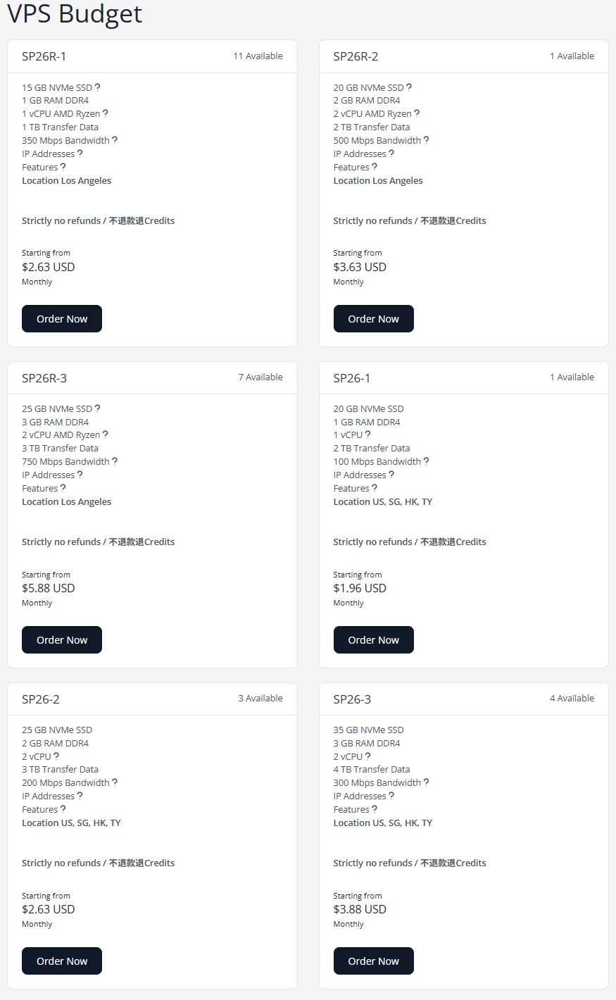 OrangeVPS VPS Budget预算款下单页:SP26R和SP26系列的价格、剩余台数和Strictly no refunds字样