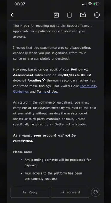 Outlier官方邮件:Python评估审计后人工复核,违反社区准则,账号不会恢复,待结算收入照付,权限永久收回