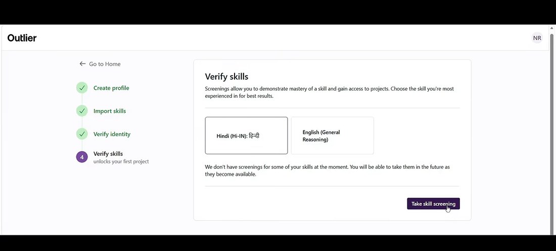 Outlier申请第4步验证技能:选一项技能,点Take skill screening