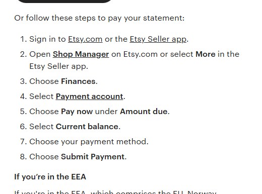 Etsy逾期账单补缴步骤:Shop Manager,Finances,Payment account,Pay now,Submit Payment