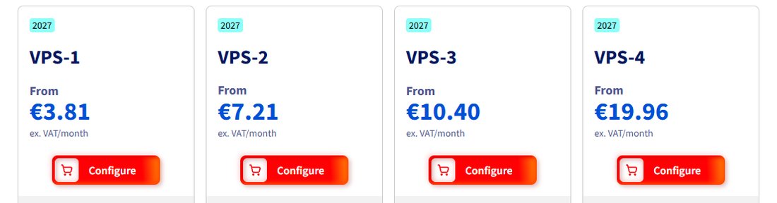 OVHcloud爱尔兰站VPS 2027四档起价:€3.81、€7.21、€10.40、€19.96,每个价格下面写ex. VAT/month