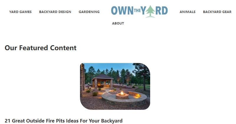 OwnTheYard首页顶部导航,Yard Games、Backyard Design、Gardening、Animals、Backyard Gear五个一级栏目加About