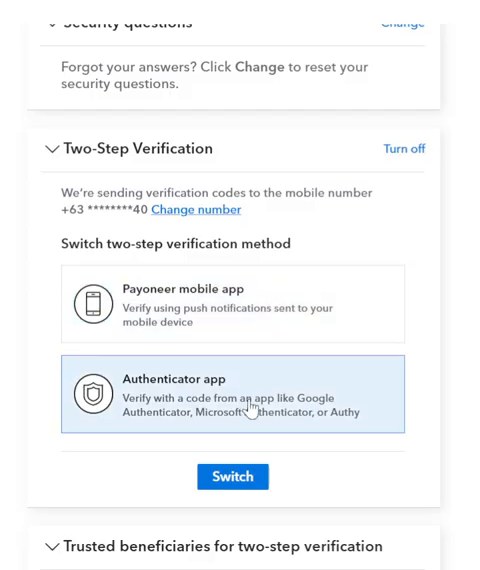 Payoneer安全设置里的Two-Step Verification,验证码发往打星号的手机号,切换方式可选Payoneer mobile app或Authenticator app,下方是Switch按钮和Trusted beneficiaries for two-step verification