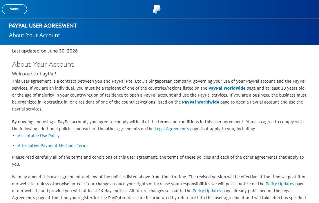 PayPal用户协议页头,写着PAYPAL USER AGREEMENT和Last updated on June 30, 2026