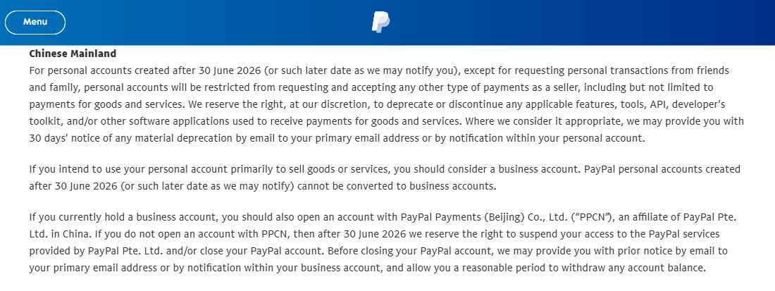 PayPal用户协议Chinese Mainland一节原文,三段分别写个人账户收款受限、不能转企业账户、企业账户另开PPCN