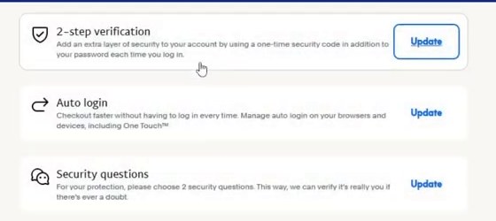 PayPal安全设置页,2-step verification一项右边的按钮显示Update,下面是Auto login和Security questions
