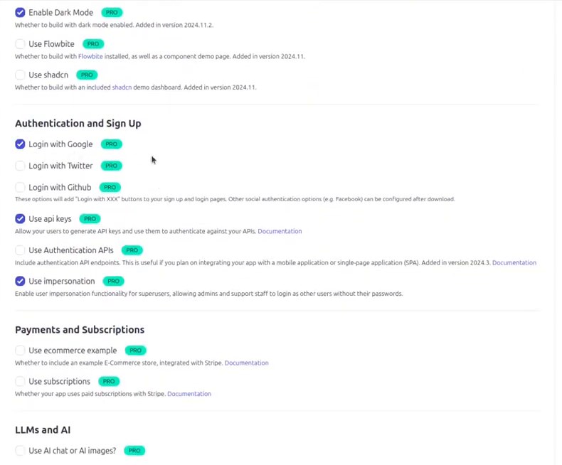 SaaS Pegasus新建项目时勾选功能:Google登录、API key、用户代登、Stripe订阅、AI聊天