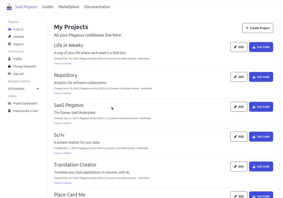 Pegasus作者账号下的My Projects:SaaS Pegasus官网、Scriv、Translation Creator等都用Pegasus建