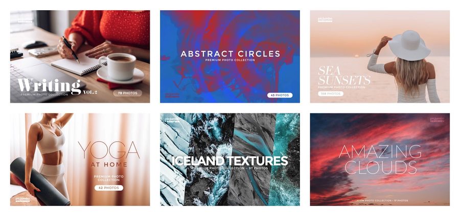 picjumbo会员合集封面:Writing、Abstract Circles、Sea Sunsets、Yoga at Home、Iceland Textures、Amazing Clouds