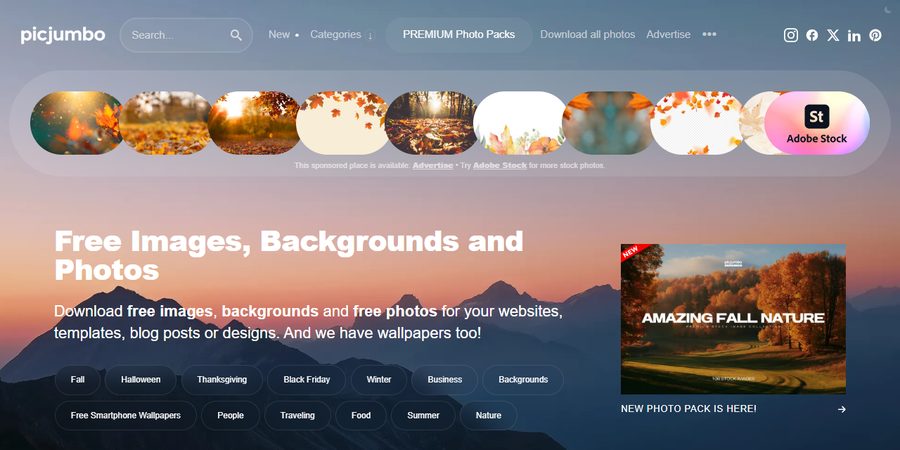 picjumbo首页首屏:导航有PREMIUM Photo Packs、Download all photos、Advertise三个收钱入口,顶部赞助位空着