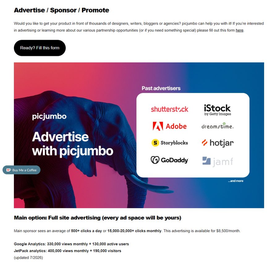 picjumbo广告合作页:往期广告主有Shutterstock、iStock、Adobe,整站赞助挂牌8500美金一个月