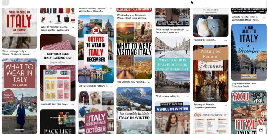Pinterest搜索italy packing list in december的结果页