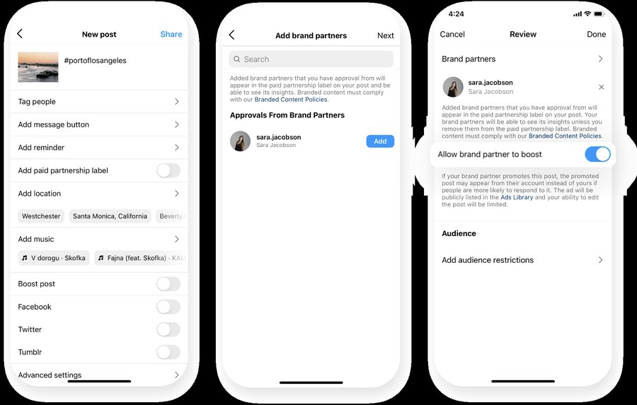 Instagram发帖页的Add paid partnership label、添加品牌合作伙伴和确认页