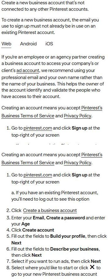 Pinterest官方帮助中心Get a business account页:新建商业号的邮箱要求,以及网页版步骤1到8