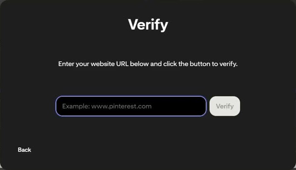 Pinterest认领网站最后一步Verify页:输入网站网址后点Verify