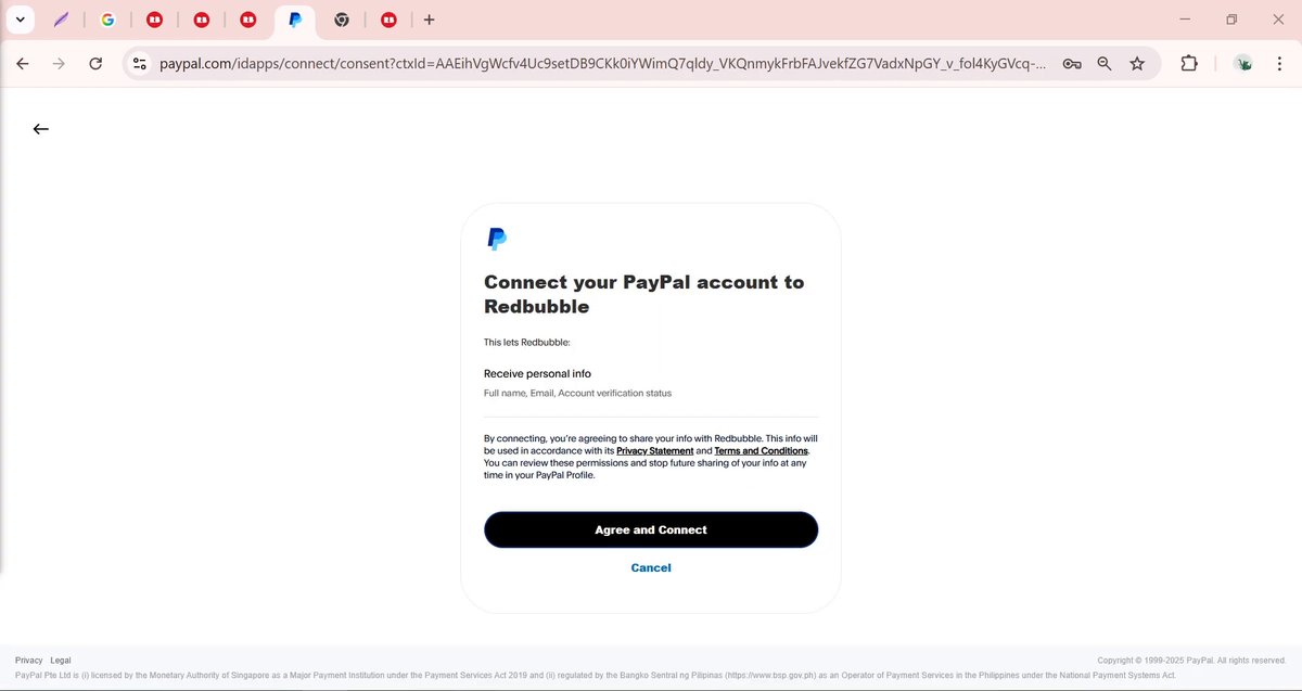 PayPal授权连接Redbubble页面