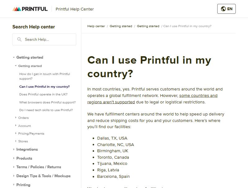 Printful帮助中心国家支持说明