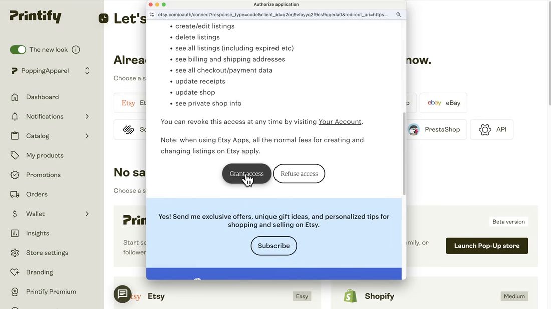 Printify后台连接Etsy店铺的授权窗口