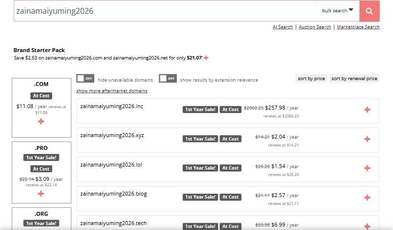 Porkbun搜索结果:.com At Cost 11.08美元,renews at 11.08;.xyz首年2.04美元续费14.21;.lol首年1.54美元续费26.26;.pro首年3.09美元续费22.14