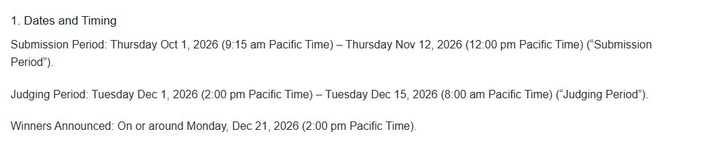 PayPal AI黑客松规则第1节Dates and Timing,提交期到2026年11月12日12:00 pm Pacific Time