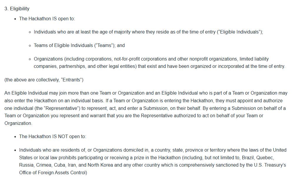 PayPal AI黑客松规则第3节Eligibility,IS NOT open to一条点名Brazil、Quebec、Russia、Crimea、Cuba、Iran、North Korea