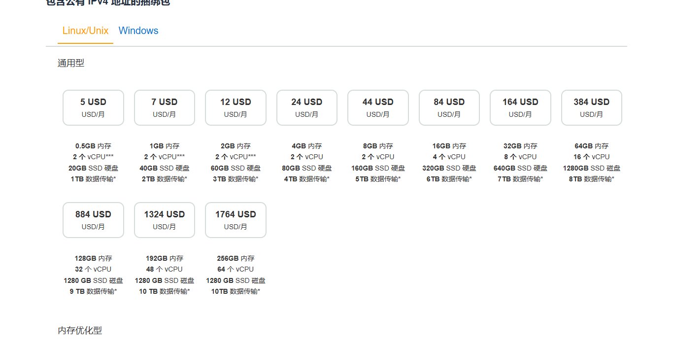 AWS Lightsail价格页:包含公有IPv4地址的Linux通用型捆绑包,5美元/月0.5GB内存2个vCPU 20GB SSD 1TB流量,往上7、12、24美元