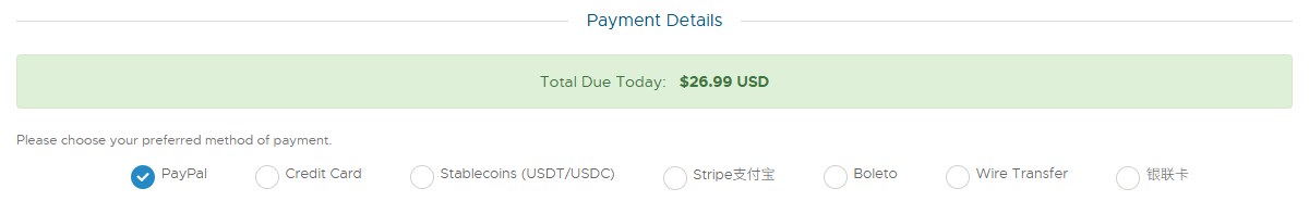 RackNerd结账页付款方式:PayPal、Credit Card、Stablecoins、Stripe支付宝、Boleto、Wire Transfer、银联卡