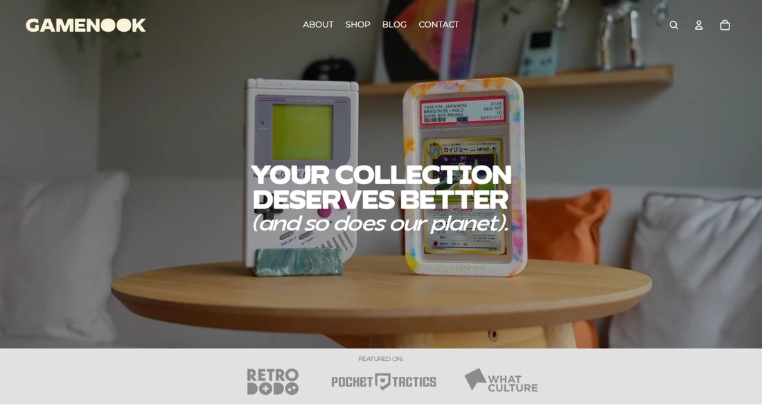 GAMENOOK官网首页:Your collection deserves better (and so does our planet),做游戏机和卡带展示架,页面写着被Retro Dodo报道过