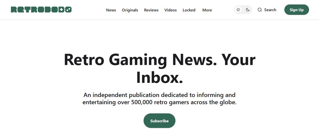 Retro Dodo首页:Retro Gaming News. Your Inbox.,写着给全球50万复古游戏玩家看的独立媒体