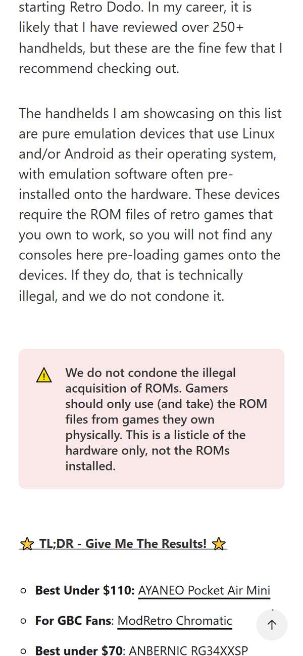 Retro Dodo复古掌机导购页手机截图:站长写自己测过250多台掌机,TL;DR里推荐AYANEO Pocket Air Mini和ANBERNIC RG34XXSP