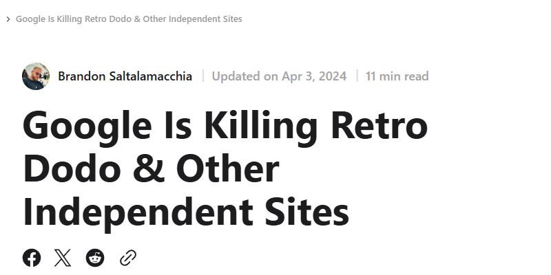 Retro Dodo站长Brandon Saltalamacchia的文章Google Is Killing Retro Dodo & Other Independent Sites,更新于2024年4月3日