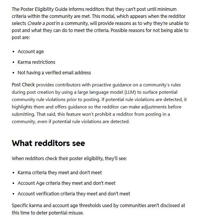 Reddit官方帮助中心Poster Eligibility Guide页:不能发帖的三类原因,以及What redditors see一段