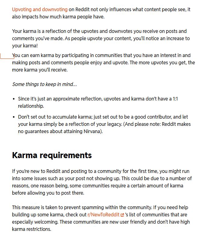 Reddit官方帮助中心Karma说明页:Karma的定义、顶踩和Karma不是1:1,以及Karma requirements一段