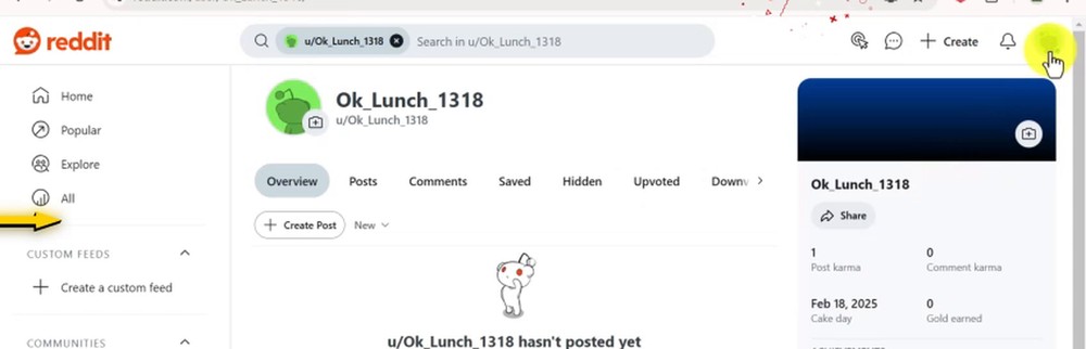 Reddit个人主页:右侧资料卡显示Post karma、Comment karma和Cake day