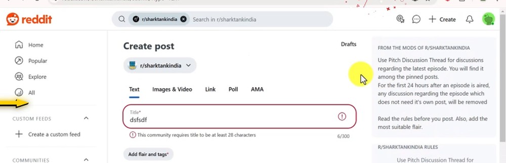 Reddit在一个社区发帖的画面:标题框红字提示这个社区要求标题至少28个字符,右侧是版主说明和社区规则