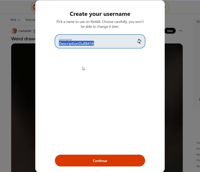 Reddit Create your username页:系统给了一个随机用户名,上方写着Choose carefully, you won't be able to change it later