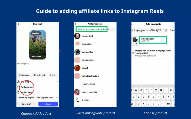 发Reels时点Add products,粘贴联盟链接,选中商品