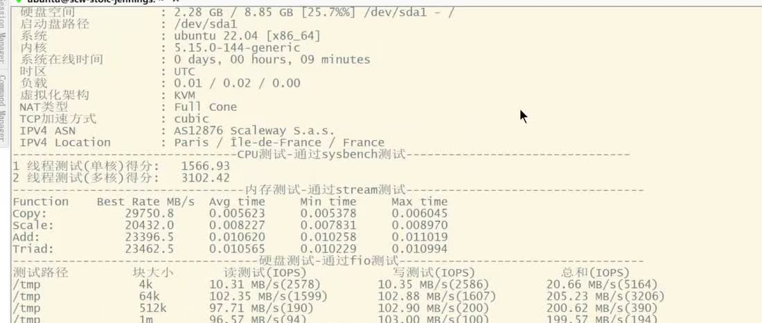 Scaleway巴黎DEV1-S跑分输出：IPv4归属AS12876 Scaleway，CPU单核1566.93分，4k读写合计20.66MB/s