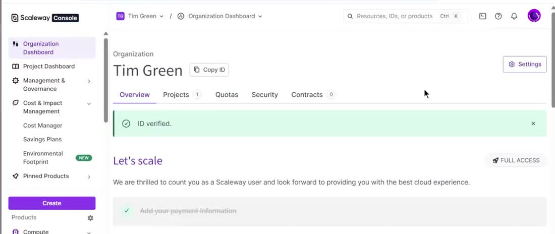 Scaleway控制台组织页：ID verified绿条，Add your payment information已勾选完成