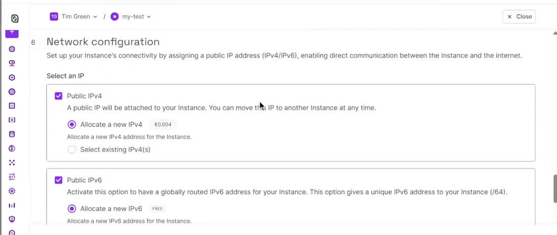 Scaleway创建实例的网络设置：Public IPv4默认勾选，Allocate a new IPv4标价0.004欧元，Public IPv6标FREE