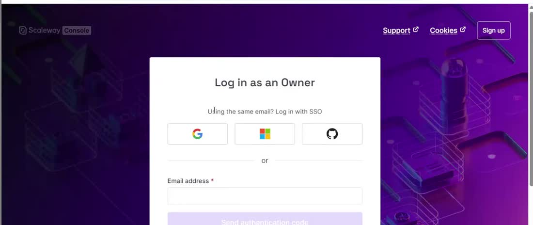 Scaleway控制台登录页：可以用Google、微软、GitHub账号登录，也可以填邮箱收验证码