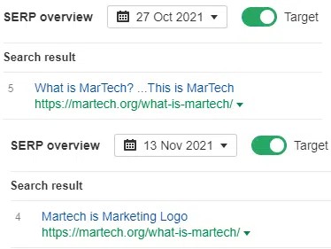 MarTech的What is MarTech页在2021年10月27日和11月13日搜索结果里的两个标题