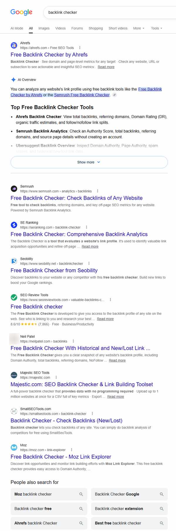 谷歌美国英文搜backlink checker，前9个自然结果都是免费外链查询工具